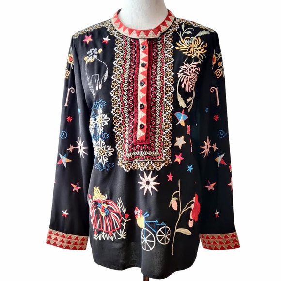 Coruja Womens Black Allover Colorful Embroidered 1/2 Button L/S Tunic Top M - Picture 1 of 12
